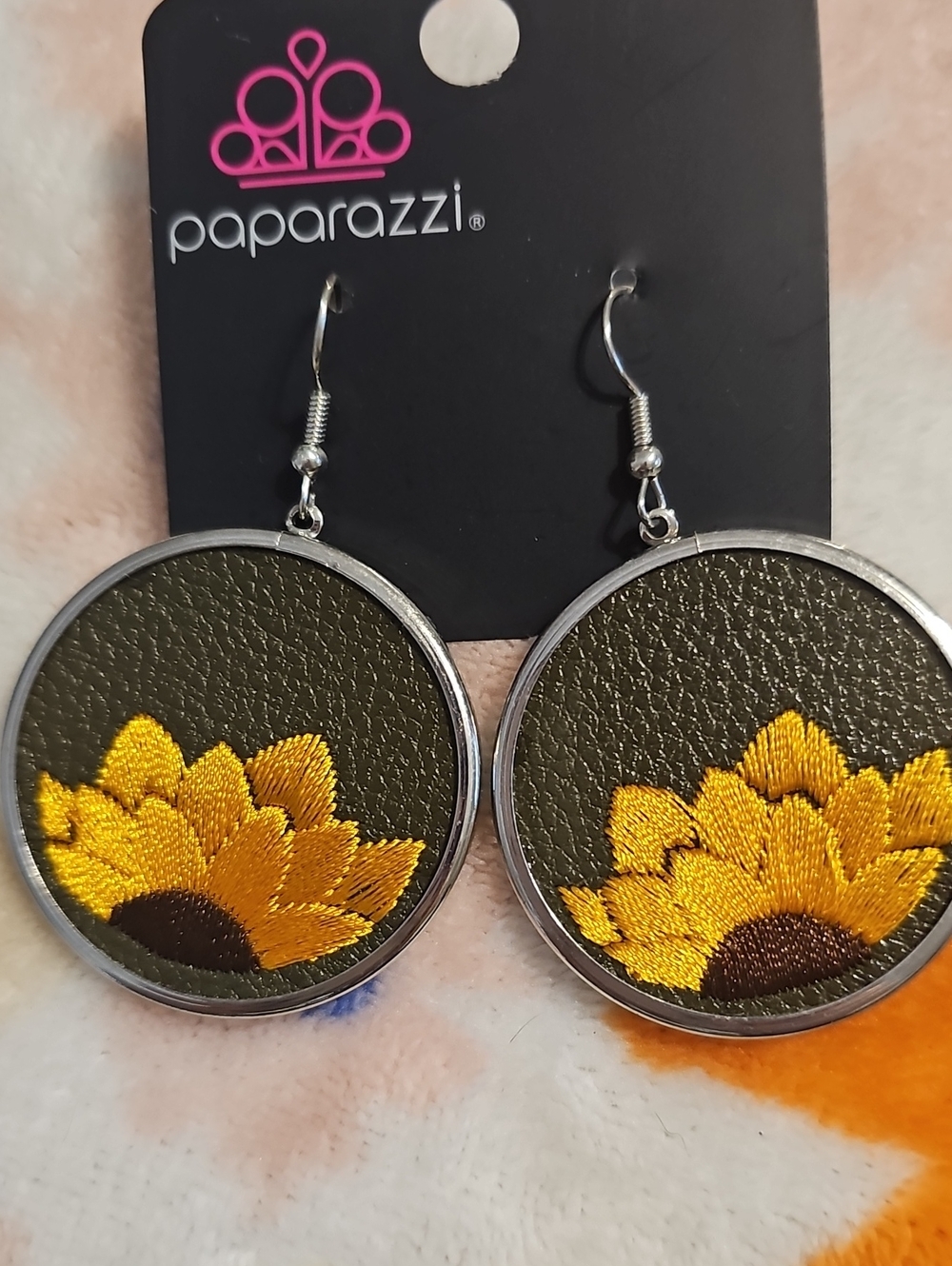 paparazzi Yellow Sunflower Embroidered Round Dangle Earrings